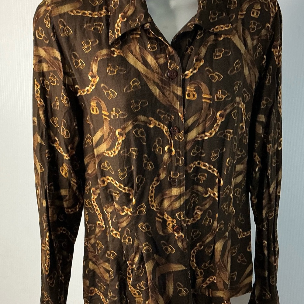 Jones Wear Brown Button-Down Shirt with Gold Chain Print